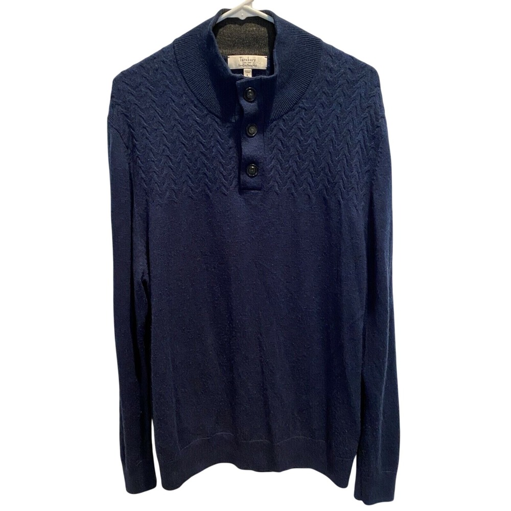 Turnbury Sweater Large Navy Blue Extra Fine Merino Wool Mock Neck Chevron Knit‎